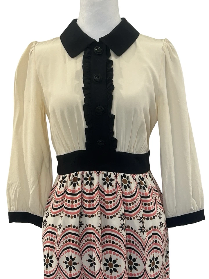 Tibi Silk Dress S 4 Cream Black Button Front Tie Waist Printed Skirt Retro Mod - Image 3 of 4