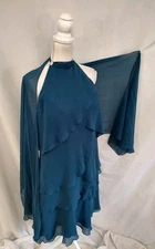 DayMor Couture Octavia Dress 100% Silk Teal Ruffled Layer High Halter Sheath 16