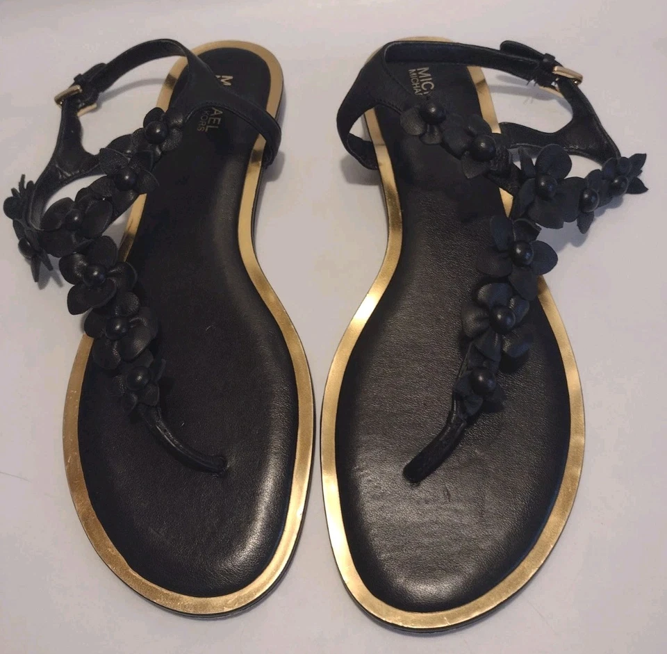 Michael Kors Black Leather Flower Tricia Flat Thong Strappy Sandals Size 8  - Image 4 of 4