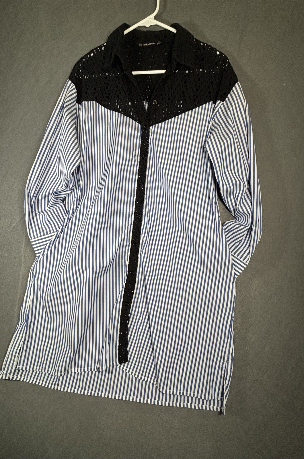 Zara Basic Blouse Women's M Blue White Stripe Black Lace Long Sleeve Button image 10