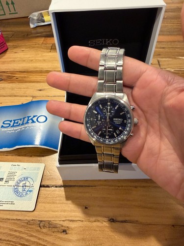 Seiko SSB377P1 Men's Quartz Chronograph Blue Dial 100M Box Papers Warranty