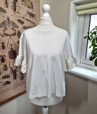 & Other Stories UK 12 Broderie Anglais Pullover Boho Baumwolle Sommer Voluminös 