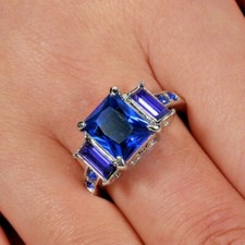 PRINCESS CUT BLUE SAPPHIRE CZ RHODIUM RING-SIZE 8 NEVER RUSTS