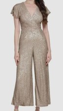 Eliza J Women's Beige Gold Sequinned Lined Surplice Jumpsuit Size 4