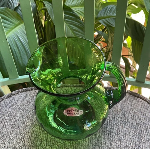 Vintage Blenko Glass Green Pitcher with sticker
