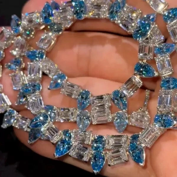 65Ct Pear Tanzannite & Emerald Cut Diamond 14k White Gold Plated Tennis Necklace — 第 4/4 张图片