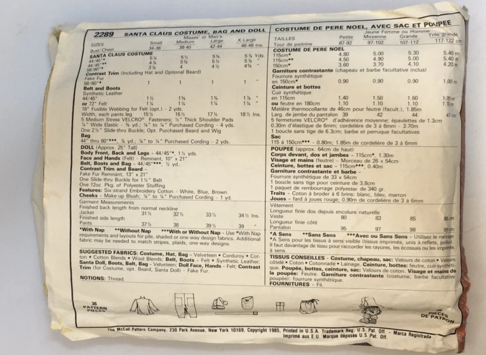 Santa Costume Bag & Doll Size XL 46-48 M2289 Cut 80s Sewing Pattern Christmas - Image 2 of 2