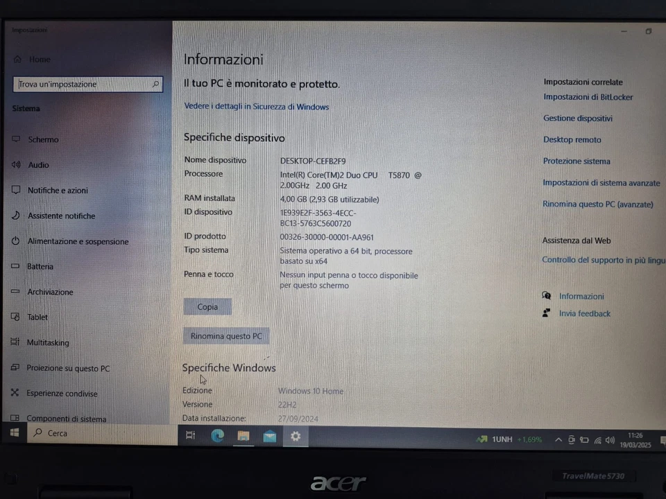 Acer TravelMate 5730 Laptop Intel Core 2 Duo 2.00 GHZ RAM 4GB SSD 256 GB Win 10 - Bild 4 von 4