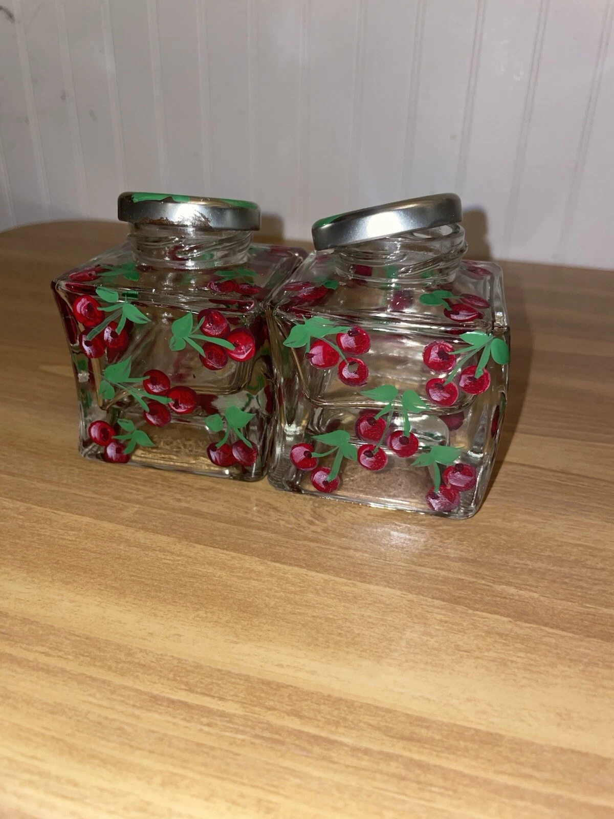 Vintage Style Glass Jars With 3D Hand Painted Cherries Metal Twist Lid 2pc