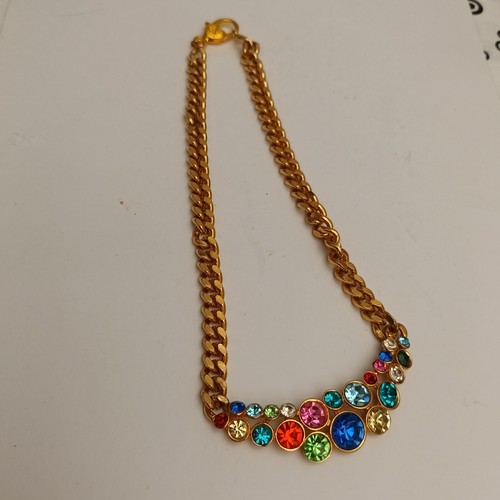 Collier Vintage Années 80 - Maille Dorée Et Strass - Forme Fleur - Très Bon état