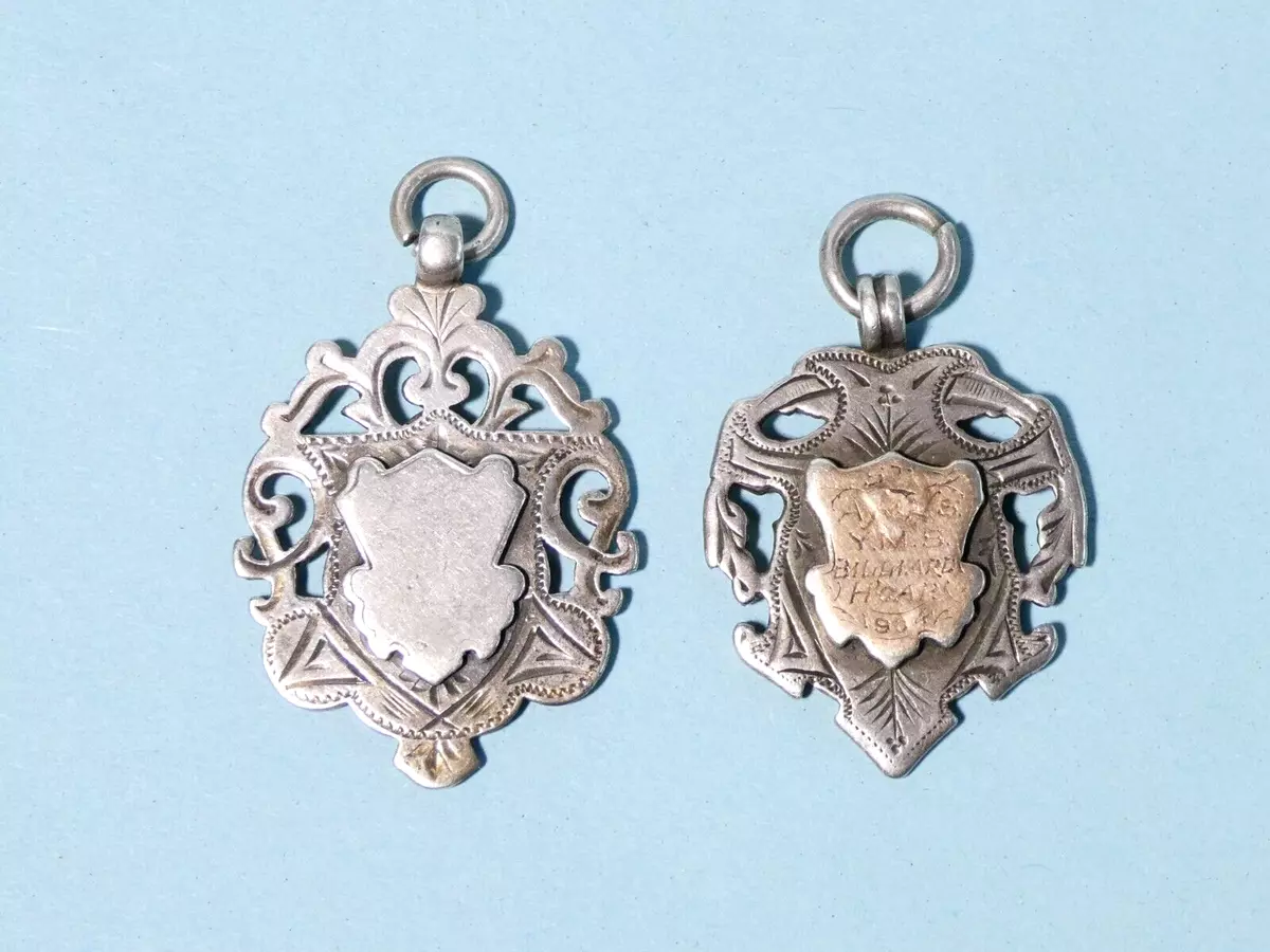 2 x Antique Sterling Silver Fob Medals 1897 1904 YMS Billiards B
