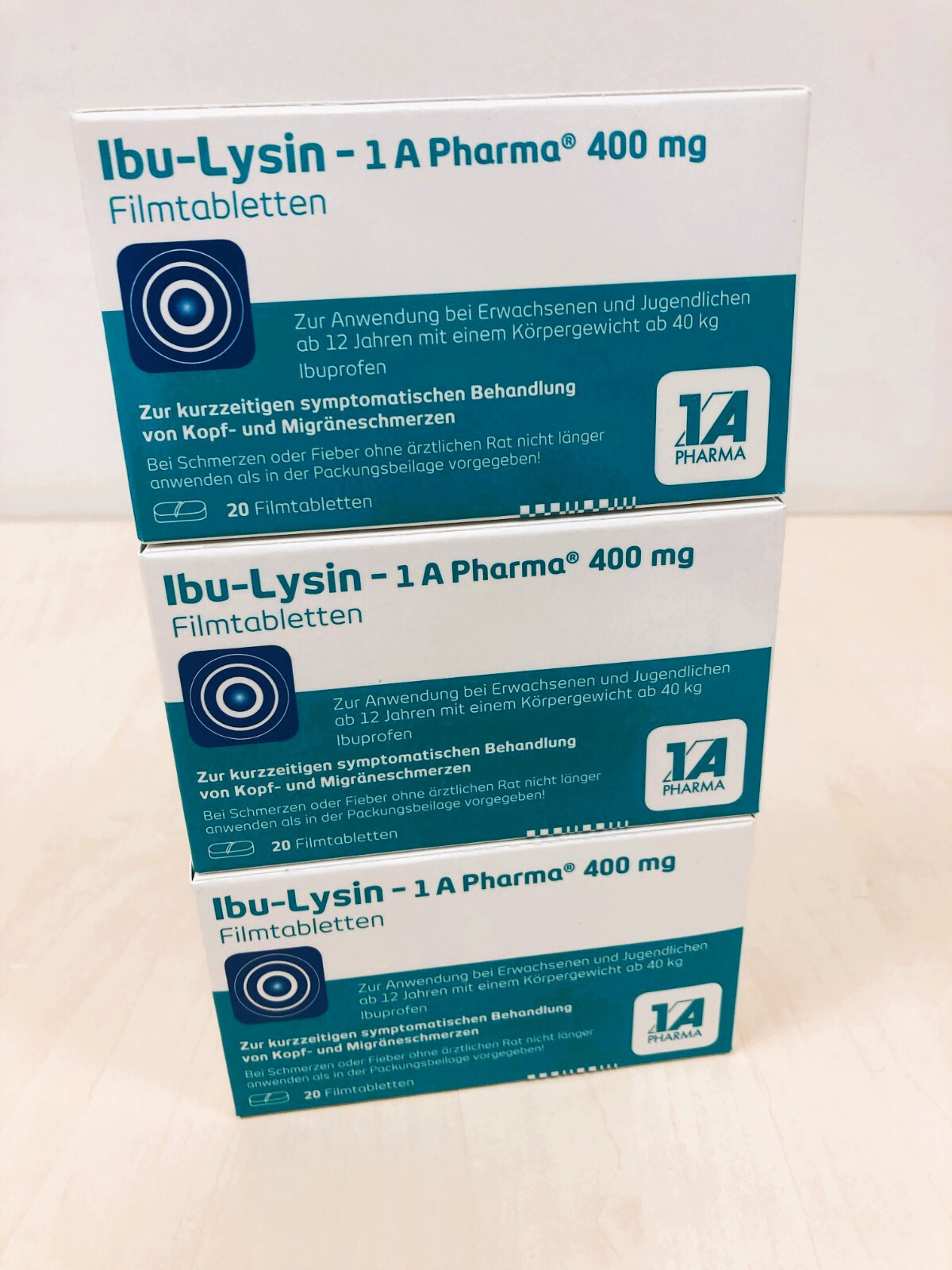 3x IBU-LYSIN 1A Pharma 400mg bei Kopfschmerzen 20 Filmtabletten PZN 15743764
