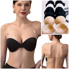 Strapless Padded Push Up Bra Transparent Clear Back Shoulder straps 1, 3 Or 6