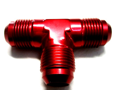 10 AN Male Flare Tee Fitting Show Polished Red Anodized Aluminum
