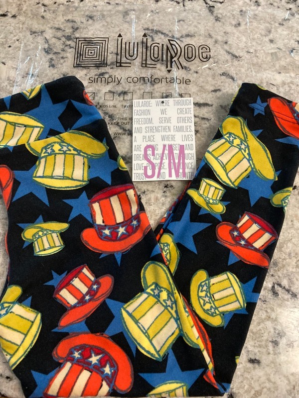 LuLaRoe KIDSNWT Patriotic S/M Leggings Black w/ Blue Stars, Red Yellow Hats