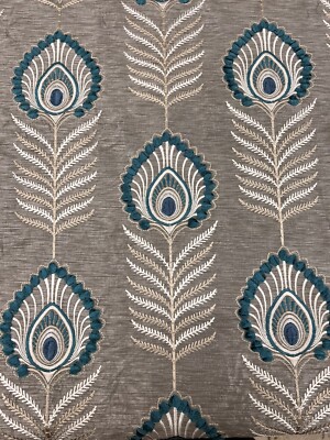 Jane Churchill Peacock Feather Embroidery Fabric- Sula / Teal 5.25 yds J834F-04