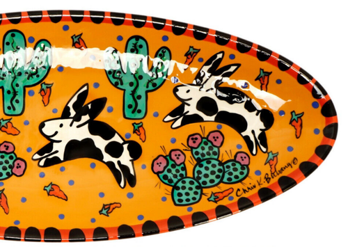 Southwestern Design Hand Painted 20.5" Oval Platter Colorful w Rabbits, Cactus - Picture 3 of 6
