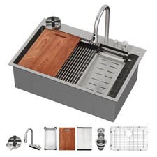 33" Drop In Single Bowl Workstation Stainless Steel Kitchen Sink With Faucet