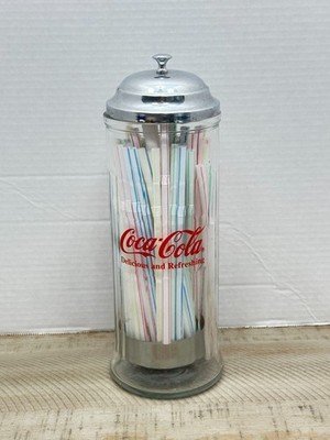 Vintage Coca-Cola Straw Dispenser Diner Style Glass Holder Chrome Top Coke 1992