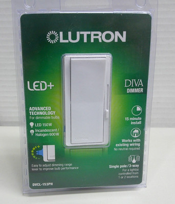 Lutron DVCL-153PH-WH Diva 600W Incandescent CFL or LED Single Pole 3-Way Dimmer