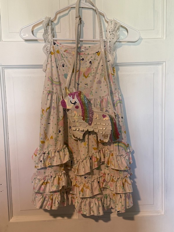 Girls Unicorn Dress Purse Set XXXL Rainbow Ruffle Dress Crossbody Bag Outfit
