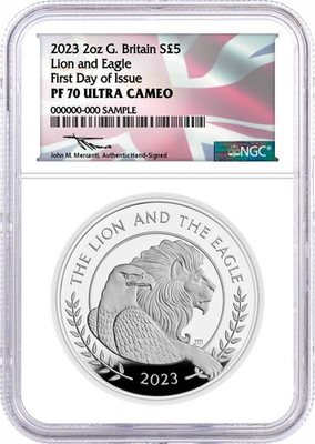 #ad 2023 £5 G. Britain 2oz Silver Lion and Eagle NGC PF70 UCAM FDOI Mercanti Signed $495.00
