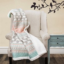 Fuzzy Reversible Sherpa Throw Blanket 60  x Turquoise  Pink Elephant Stripe