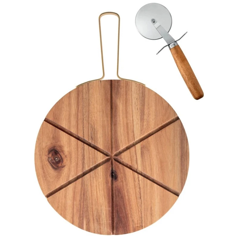 Tagliere Pizza Legno di Acacia 32x43 cm BRANDANI con Manico Rotella Taglia Pizza