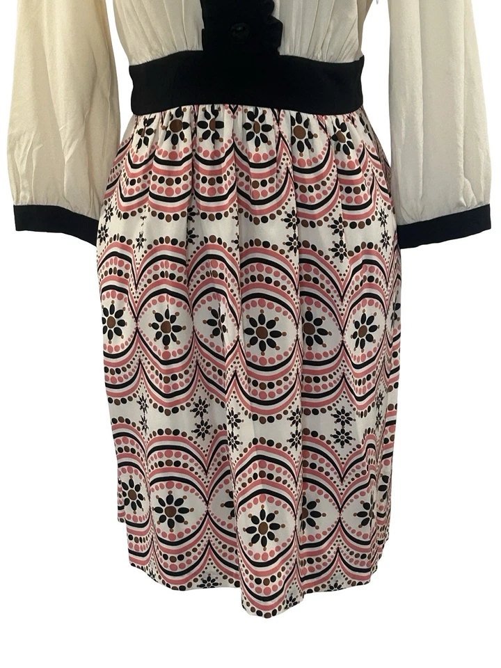 Tibi Silk Dress S 4 Cream Black Button Front Tie Waist Printed Skirt Retro Mod - Image 4 of 4