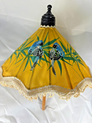 VTG Hand Painted Umbrella Small Decor Birds Tropical Fringe Fabric Wood Yellow