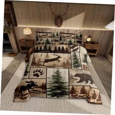Western Rustic Bear Comforter Set Size, Farmhouse Bedding, Full Brown Green