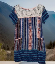 Umgee Dress S Cute Flowy Rayon Hippie Boho Lace Trim Cottagecore Mini Sundress