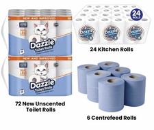 72 x Toilet rolls 2Ply, 24 x Kitchen Rolls, 6 x Blue Centrefeed Rolls, Luxury