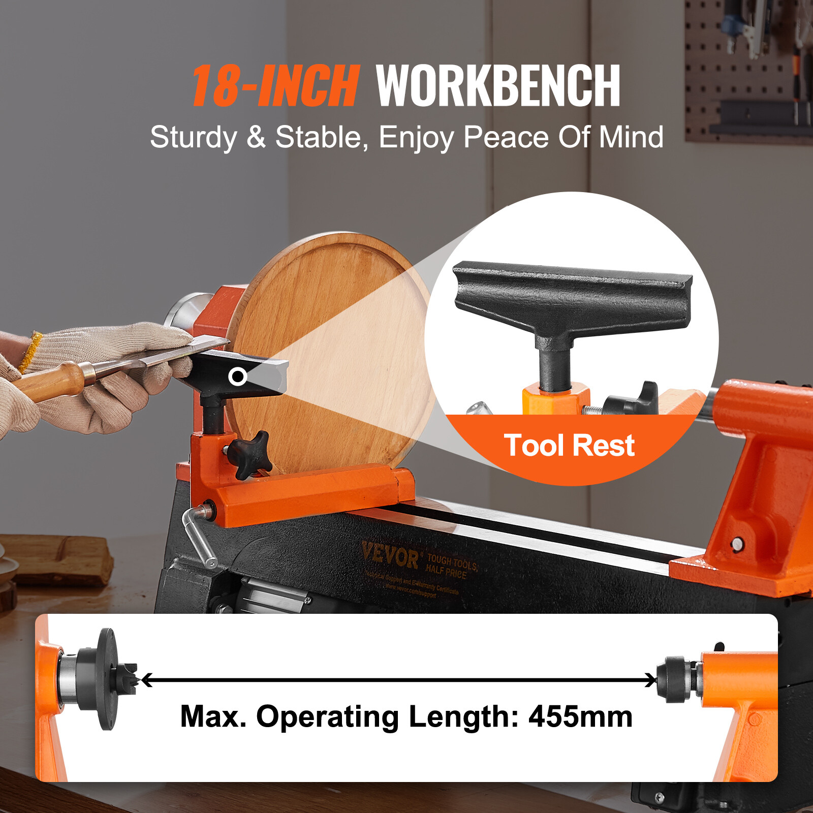10x18 Inch Benchtop Wood Lathe – 0.5 HP 370W, 5-Speed (780-3840 RPM), RWL1018