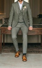 Men's Tweed 3 Piece Suit Saga Green Wool Winter Wedding Groom Suit Two Button
