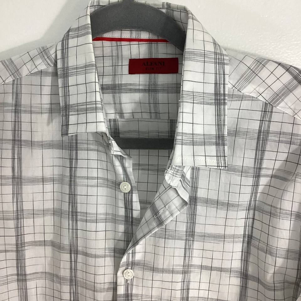 ALFANI MEN SLIM FIT SIZE SMALL COTTON BUTTON UP SHIRT PLAID WHITE BLACK - Image 3 of 4