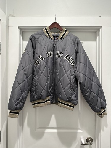 Vintage Quilted Polo US Association Varsity Jacket XL Shoulder Patch Grey Zipper