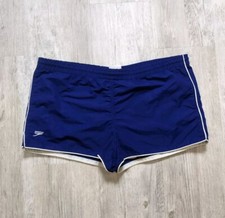 Vintage 80s Speedo USA Made Men's XL Nylon Swim Trunks Side Split Hem Blue White