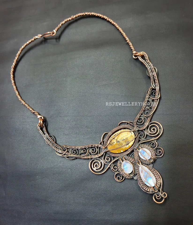 Cuadro Jaspe Gema Collar Envuelto Alambre Cobre Collar Ajustable Collar Foto 4 de 4