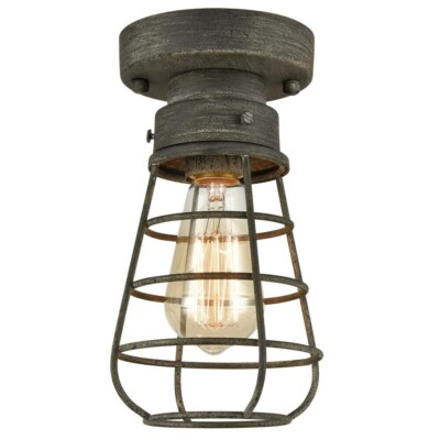Rustic Ceiling Light Metal Caged Mini Close to Ceiling Lamp Rust Finish Lighting