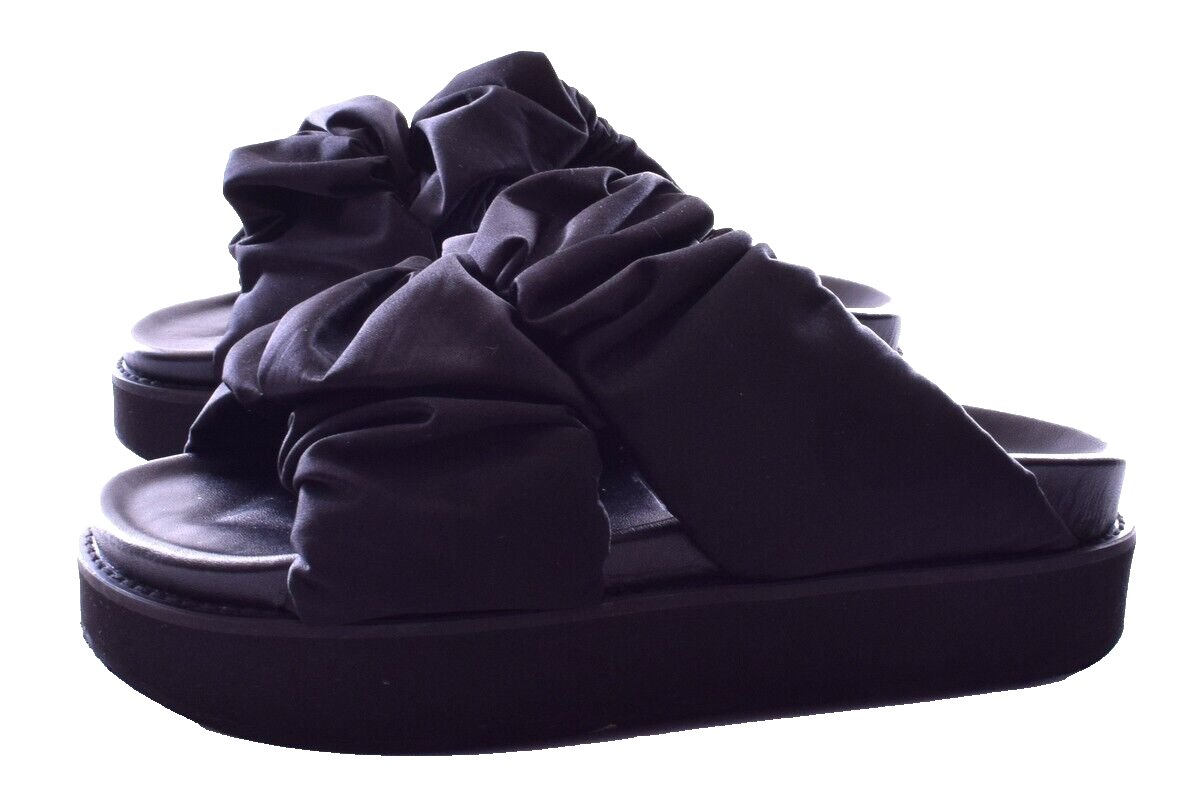 GANNI Ruched Black Satin Platform Slide Mules Size 38 US 7.5 Excl