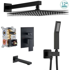 Black Rainfall 12" Shower Head Faucet Set Shower System Tub Spout w/ Mixer Valve