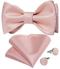 Plaid Striped Self Bow Tie for Men Silk Woven Bowtie Pocket 02 Blush Pink
