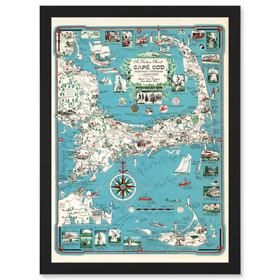 1949 Cape Cod Nantucket Massachusetts Pictorial Map Chase Framed A3 Art Print