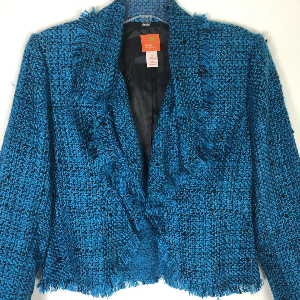 Hearts of Palm Fringed Blue Black Tweed Textured Blazer Jacket Size 14 Career - Image 2 of 4
