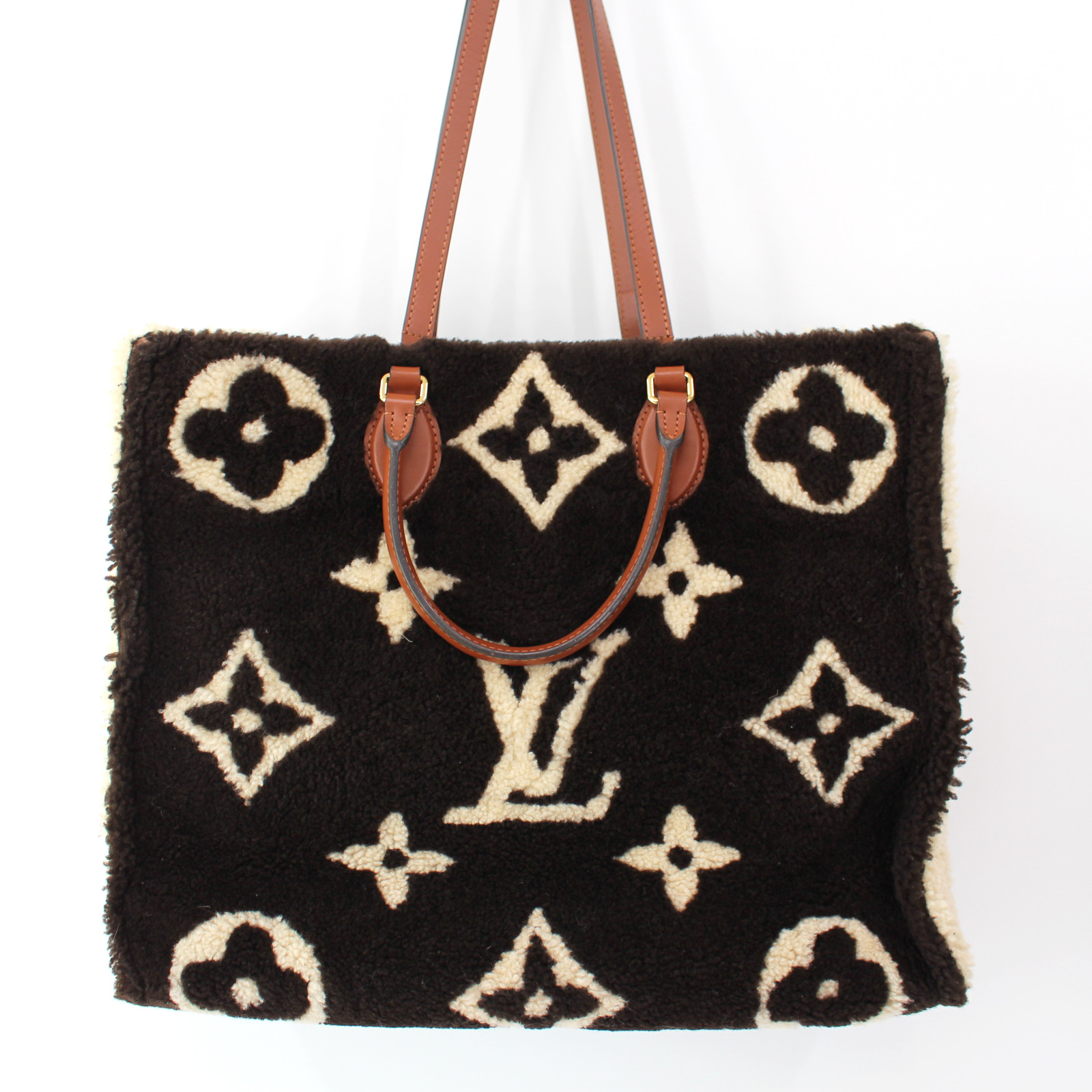 Louis Vuitton Onthego GM Monogram Brown Teddy Tote LV Fleece Leather Strap Bag image 6