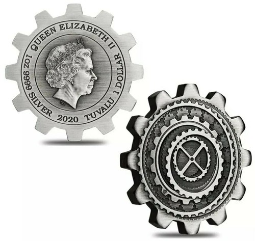 2020 $2 Tuvalu Gear Shaped INDUSTRY IN MOTION Antiqued 2x1 Oz Silver Coin Set. - Picture 3 of 10