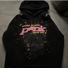 Women s Black Pink Pullover Hoodie Fleece Spiderweb Stars Graphic Pockets S