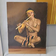 Artist Signed Oil Painting Filipino Man Playing  Flute Tribal Portrait 24x18 