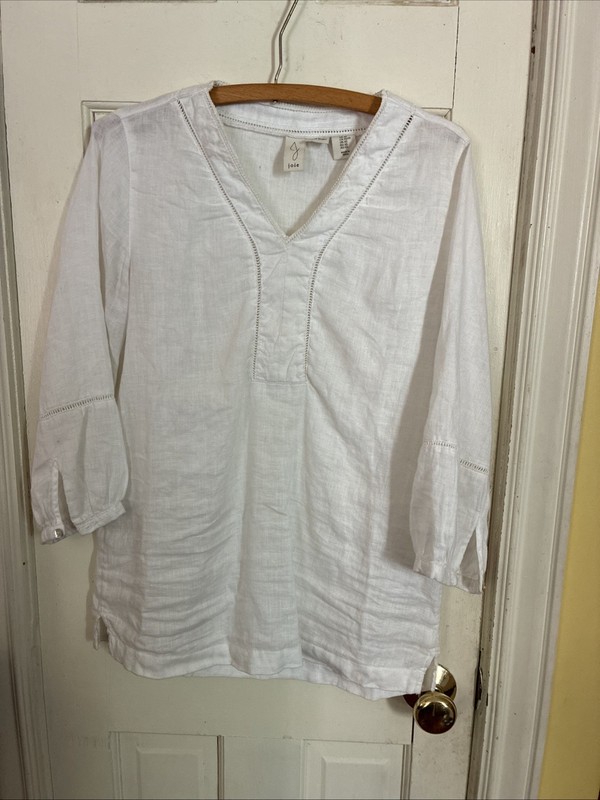 Joie Women’s XS White 100% Linen Blouse 3/4 Balloon Sleeves V-Neck Crochet NEW